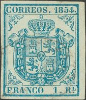 º34A. 1854. 1 Real Azul Pálido, Borde De Hoja. Márgenes Enormes Y Matasello Muy Leve. PIEZA DE LUJO, CASI CON TODA SEGUR - Other & Unclassified