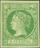 *51. 1860. 2 Cuartos Verde. Color Y Márgenes Excepcionales. PIEZA DE LUJO. Cert. EXFIMA. - Other & Unclassified