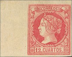 (*)53. 1860. 12 Cuartos Carmín, Borde De Hoja. PIEZA DE LUJO Y DE ENORME ESPECTACULARIDAD. Cert. GRAUS Y COMEX. - Otros & Sin Clasificación