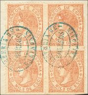 º96(4). 1867. 50 Mils Castaño Amarillo, Bloque De Cuatro Sobre Fragmento. Matasello CARTERIA DE / GARINOAIN, En Azul De  - Sonstige & Ohne Zuordnung