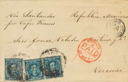 Sobre 175(2), 180. 1877. 10 Cts Azul, Dos Sellos Y 1 Pts Azul. BILBAO A VERACRUZ (MEJICO). En El Frente Manuscrito "Vía  - Other & Unclassified