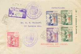 Sobre 936/39, 937. 1941. Serie Completa Y 20 Cts + 5 Cts Verde. Certificado De MADRID A RUTHERFORD (USA). Al Dorso Llega - Sonstige & Ohne Zuordnung