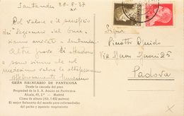 Sobre . 1937. 10 Cts Castaño Y 20 Cts Rojo De Italia. Tarjeta Postal De SANTANDER A PADOVA (ITALIA). Matasello UFFICIO P - Autres & Non Classés