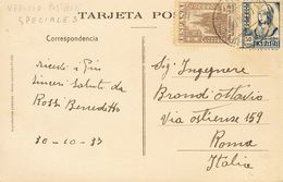 Sobre 825, 804. 1937. 50 Cts Azul Y 5 Cts Castaño. Tarjeta Postal De BILBAO A ROMA (ITALIA). Matasello UFFICIO POSTALE S - Autres & Non Classés