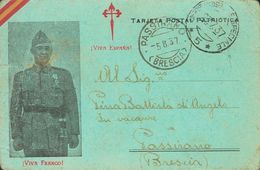 Sobre . 1937. Tarjeta Postal Patriótica De TRESPADERNE (BURGOS) A PASSIRAMO (ITALIA). Fechador UFFIº POSTALE ESPECIALE / - Autres & Non Classés