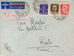 Sobre . 1939. 20 Cts Rojo, 30 Cts Castaño Y 1 Lira Violeta. Carta (completa) Dirigida A PRATO (ITALIA), Remitida Por Un  - Other & Unclassified