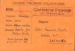 Sobre . 1938. Tarjeta Postal De La Posta Speciale 500. Dirigida A ZARAGOZA. Marca DIVISIONE FLECHAS VERDES / COMANDO / C - Autres & Non Classés