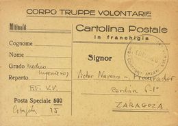 Sobre . 1939. Tarjeta Postal De La Posta Speciale 500 De ARENYS DE MAR A ZARAGOZA. Marca DIVISION FLECHAS VERDES / COMPA - Autres & Non Classés