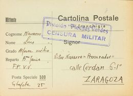 Sobre . 1939. Tarjeta Postal De La Posta Speciale 500 De CIRUELOS (TOLEDO) A ZARAGOZA. Marca DIVISION FLECHAS VERDES / C - Autres & Non Classés