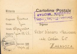 Sobre . 1939. Tarjeta Postal De La Posta Speciale 500 De ALMANSA A ZARAGOZA. Marca DIVISIONE FLECHAS VERDES / COMANDO /  - Autres & Non Classés