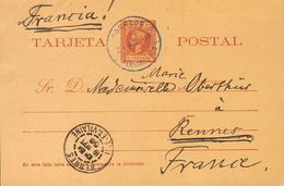 Sobre EP4. 1899. 3 Ctvos Castaño Sobre Tarjeta Entero Postal De FERNANDO POO A RENNES (FRANCIA). En El Frente Llegada. M - Andere & Zonder Classificatie