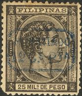 *52hcc. 1878. 12 Cts Sobre 25 Misl Negro. CAMBIO DE COLOR DE LA SOBRECARGA, En Azul. BONITO Y MUY RARO. Edifil 2013: 700 - Philipines