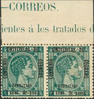 **53(2). 1879. 2 Ctvos Sobre 25 M Verde, Pareja, Borde De Hoja Con Leyenda (fijasellos En El Margen). MAGNIFICA Y RARA.  - Filipinas