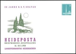 Soltau 1958 (Mai) PP 7 Pf. Funkturm: HEIDEPOSTA.. = Dolmengrab = Prähist. Steingrab (Lüneburger Heide) Ungebr. (Berlin M - Prehistorie