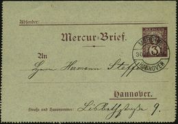 Hannover 1890 (30.1.) 3 Pf. Kartenbf. Privat-Stadt-Brief-Expedition "Mercur", Braun: Merkurkopf + 1K-Steg:  M E R C U R  - Mitología