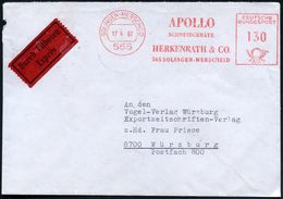 565 SOLINGEN-MERSCHEID/  A P O L L O /  SCHNEIDEGERÄTE/ HERKENRATH & CO 1967 (17.4.) AFS 130 Pf. Auf Fern-Eil-Brief (Dü. - Mitología