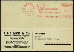 HANNOVER-WÜLFEL/ J. Helmke../ Elektr.Maschinen 1938 (24.10.) Dekorativer AFS = Germanischer Flügelhelm , Glasklar Gest.  - Archeologia