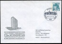 53 BONN 12/ Q/ BUNDES-HAUS 1977 (25.3.) HWSt = Hauspostamt Bundestag Mit UB "q" (Bundeshaus) Auf PU 40 Pf. Burgen, Grün: - Monumenti