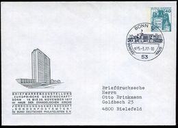 53 BONN 12/ Q/ BUNDES-HAUS 1977 (25.3.) HWSt = Hauspostamt Bundestag Mit UB "q" (Bundeshaus) Auf PU 40 Pf. Burgen, Grün: - Denkmäler