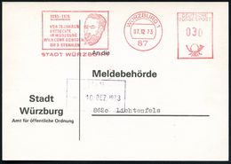 87 WÜRZBURG 1/ 1895-1970/ VOR 75 JAHREN/ ENTDECKTE../ WILH.CONR.RÖNTGEN/ DIE X-STRAHLEN.. 1973 (7.12.) Jubil.-AFS = Kopf - Atomo