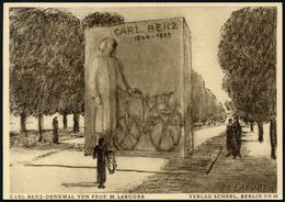 Mannheim 1933 PP 6 Pf. Hindenburg, Grün: CARL BENZ-DENKMAL VON PROF. M. LAEUGNER = Zeichnung Des Benz-Denkmals Von M. La - Autos