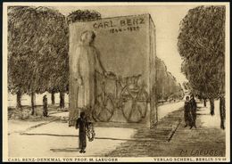 Mannheim 1933 PP 6 Pf. Hindenburg, Grün: CARL BENZ-DENKMAL VON PROF. M. LAEUGNER = Zeichnung Des Benz-Denkmals Von M. La - Cars