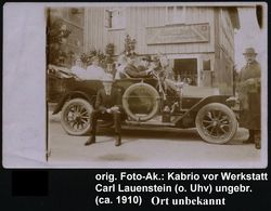 DEUTSCHES REICH 1910 (ca.) Orig. Foto-Ak.: Autoverleih U. Reparaturwerkstatt Carl Lauenstein (Ort ?) = Kabrio PKW , Unge - Voitures