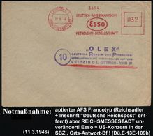 LEIPZIG C 1/ REICHSMESSESTADT/ DEUTSCH-AMERIKANISCHE/ Esso/ PETROLEUM-GES. 1946 (11.3.) Aptierter AFS = NS-Adler Entfern - Auto's