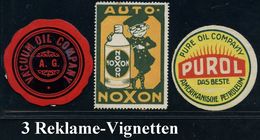 DEUTSCHES REICH 1910/30 3 Verschiedene Reklame-Vignetten: Kraftstoffe, Autochemie, Dabei Auto-Noxon , Orig. G. Bzw. O. G - Auto's