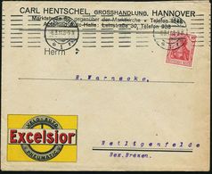 Hannover 1 1911 (14.3.) Dreifarbiger Reklame-Bf.: Excelsior/VELO-AUTO/PNEUMATIC ,  Fa. CARL HENTSCHEL..Abt. Auto-Halle M - Automobili