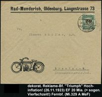 OLDENBURG/ *(OLDB)g 1923 (26.11.) 1K-Steg Auf EF 20 Mia. Mk., Reklame-Bf.: Rad-Munderloh.. = "Triumph"-Motorrad , Selten - Moto