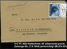 DEUTSCHES REICH 1944 (7.8.) 4 Pf.+ 3 Pf. NSU-Kettenkrad, EF Oberrandstück , Sauber Gest. (MANNHEIM 2) Auf Portorichtigem - Moto