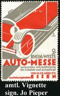 Essen 1931 (März) Gez. Zweifarbige Reklame-Vignette.: 2. RHEIN.-WESTF. AUTO-MESSE = PKW (kl. Mäng.) O.G., Sign. Jo Piepe - Automobili