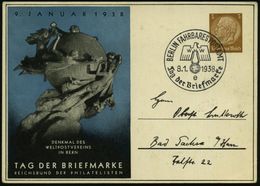 BERLIN FAHRBARES POSTAMT/ WHW/ E/ Tag Der Briefmarke 1938 (8.1.) SSt Auf PP 3 Pf. Hindenbg., Braun: TAG DER BRIEFMARKE.. - Auto's