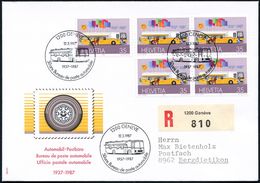 SCHWEIZ 1987 (12.3.) SSt: 1200 GENEVE/50 Ans Bureau De Poste Automobile (mobiles PA) 3x Auf Passender MeF 5x 35 C. Mobil - Auto's