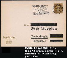 OSNABRÜCK/ *1x/ Mit Dem Postauto/ Durch Den Osning 1930 (19.3.) MWSt = Omnibus (vor Bergen) Auf PP 3 Pf. Goethe (F. Paep - Coches