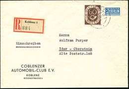 Koblenz 1954 (13.5.) Vordr.-Bf.: COBLENZER AUTOMOBIL-CLUB E.V. , EF 60 Pf. Posthorn + RZ: Koblenz 1, Inl.-R-Brief  (Mi.1 - Autos