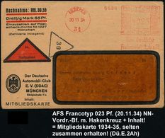 MÜNCHEN/ 34/ Der Deutsche/ Automobil-Club EV. 1934 (20.11.) AFS 023 Pf. Auf NN-Vordr-Bf: DDAC (mit Hakenkreuz) + Inhalt: - Auto's