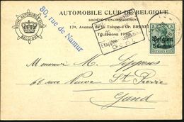 DT.BES.BELGIEN 1915 (Okt.) 5 Pf. Germania, EF Auf Inl.-Karte: ROYAL AUTOMOBILE CLUB BELGIQUE (unter Deutscher Besetzung! - Auto's