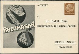 BERLIN NW 87 1935 (ca.) Antwort-PP 3 Pf. Hindenbg. Braun: Dr.Rud.Reiss/Rheumasan..Fabrik (Rheuma-Medikamente) Ungebr. An - Chimie