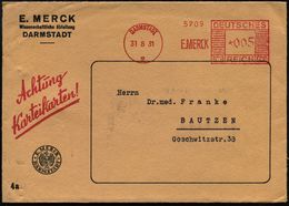 DARMSTADT/ 2/ E.MERCK 1931 (31.8.) AFS Auf Dekorativem, Zweifarbigem Firmen-Bf. Mit Firmenwappen: "Achtung Karteikarte"  - Scheikunde