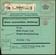 RADEBEUL/ 1/ Chem.Fabrik Von Heyden/ AG 1944 (Feb.) AFS 050 Pf. Auf Selbstbucher-Paketzettel: E  Radebeul 1/ Chemische F - Chimie