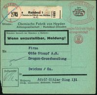 RADEBEUL/ 1/ Chem.Fabrik Von Heyden/ AG 1944 (Feb.) AFS 050 Pf. Auf Selbstbucher-Paketzettel: E  Radebeul 1/ Chemische F - Química