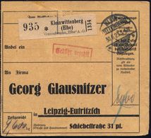 Kleinwittenberg/ (Elbe)/ Gummiwerke "Elbe" A.-G. 1923 (30.6.) Selbstbucher-Paketzettel + 1K: KLEIN/WITTENBERG/ *(ELBE)*  - Chimica