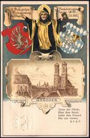 München 1900 (21.4.) PP 5 Pf. Wappen, Grün: 6. Versammlung Verkehrsbeamten-Verein = Frauenkirche (u. Münchner Kindl Mit  - Iglesias Y Catedrales