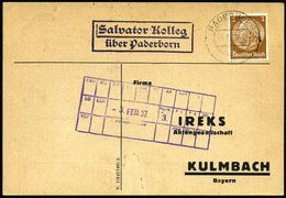S A L V A T O R  K O L L E G /  über Paderborn 1937 (2.2.) Seltener Viol. Ra.2 = PSt.II = Hauspostamt Kloster-Kolleg + 2 - Abadías Y Monasterios