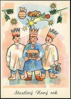 TSCHECHOSLOWAKEI 1950 1,50 Kc. BiP Gottwald, Braun: "Glückliches Neujahr" = 3 Weihnachts-Sternsinger Mit Krippen-häusche - Christmas