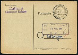 (19) LUTHERSTADT EISLEBEN/ G 1952 (16.4.) 2K-Steg + Viol. 2L: Postamt/ Lutherstadt Eisleben Auf Markenloser Postdienst-K - Cristianesimo