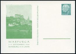 Marburg 1956 (Sept.) PP 7 Pf. Heuss I: MARPURGA, POSTWERTZEICHEN-AUSSTELLUNG = Alt-Marburg (hier Fand Das Marburger Reli - Christentum