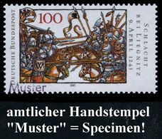 B.R.D. 1991 (Apr.) 100 Pf."750 Jahre Liegnitz-Schlacht" + Amtl. Handstempel "M U S T E R"  = Mongolen-Schlacht, Dschingi - Andere & Zonder Classificatie